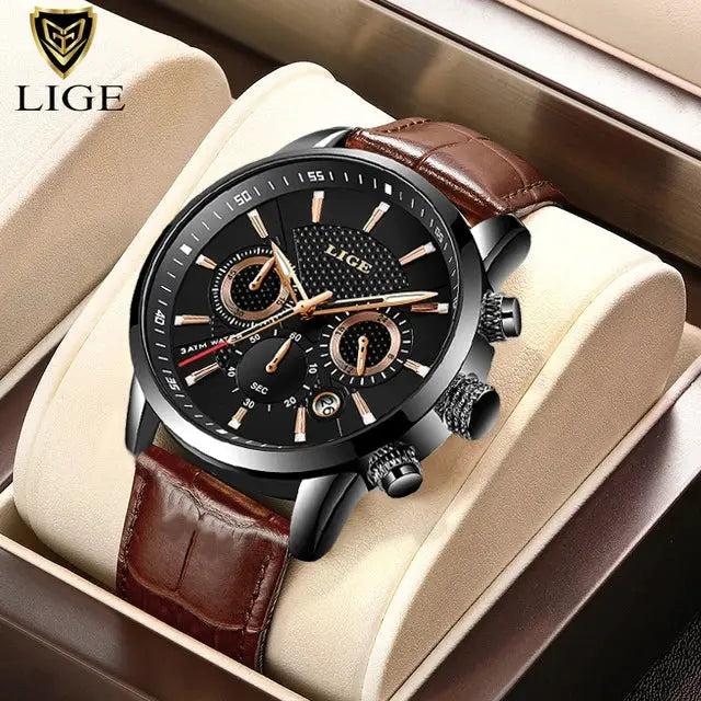 LIGE 2025 Mens Fashion Sports Quartz Watch Leather Strap Waterproof Date Stainless Steel Case