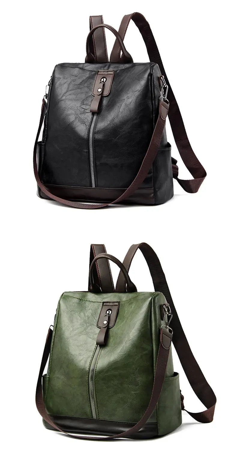 Women's PU leather anti-theft backpack, black and green, large-capacity with top handle and crossbody straps (2-pack)