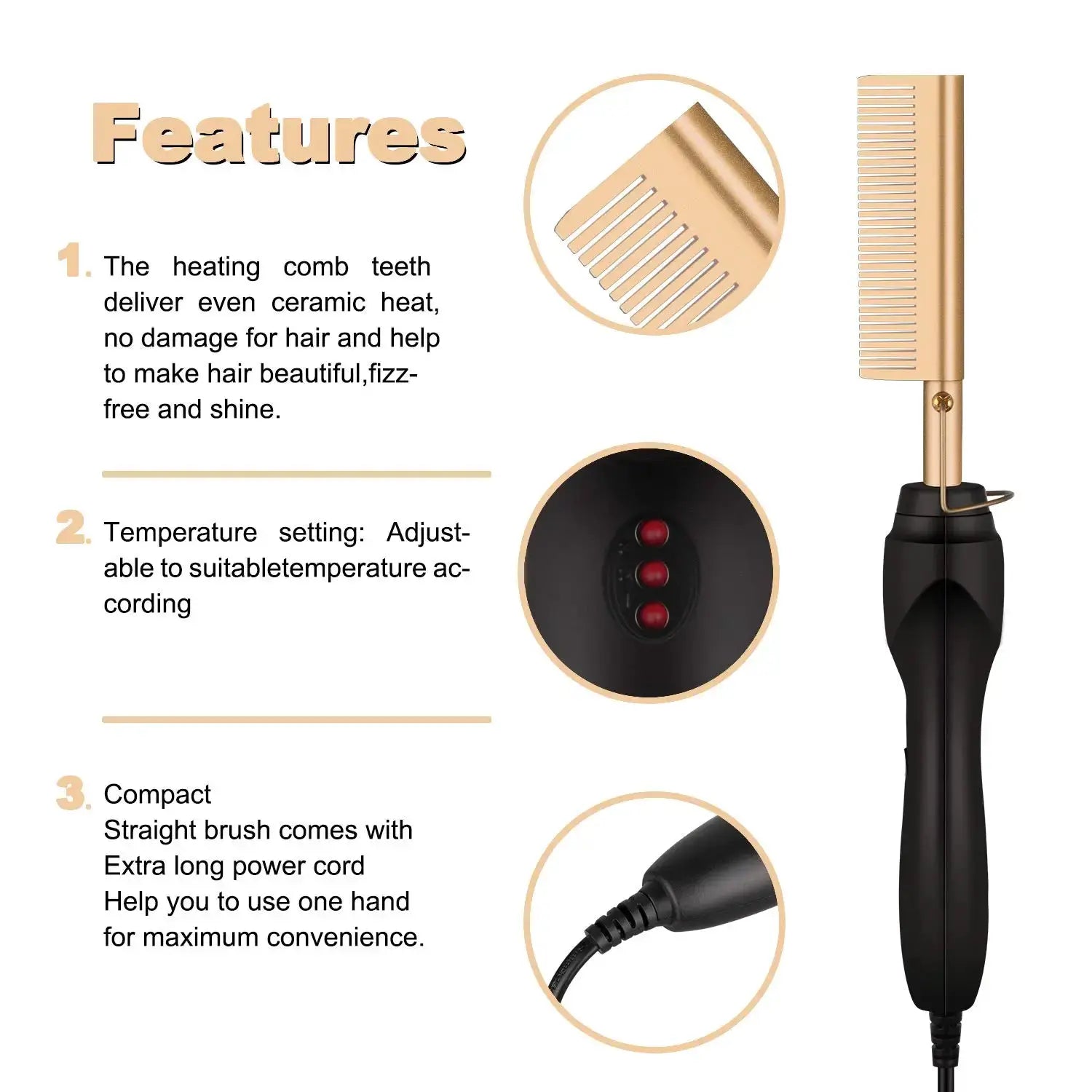 Simples Market 2-in-1 hot comb hair straightener with gold ceramic teeth, adjustable temperature, portable travel design