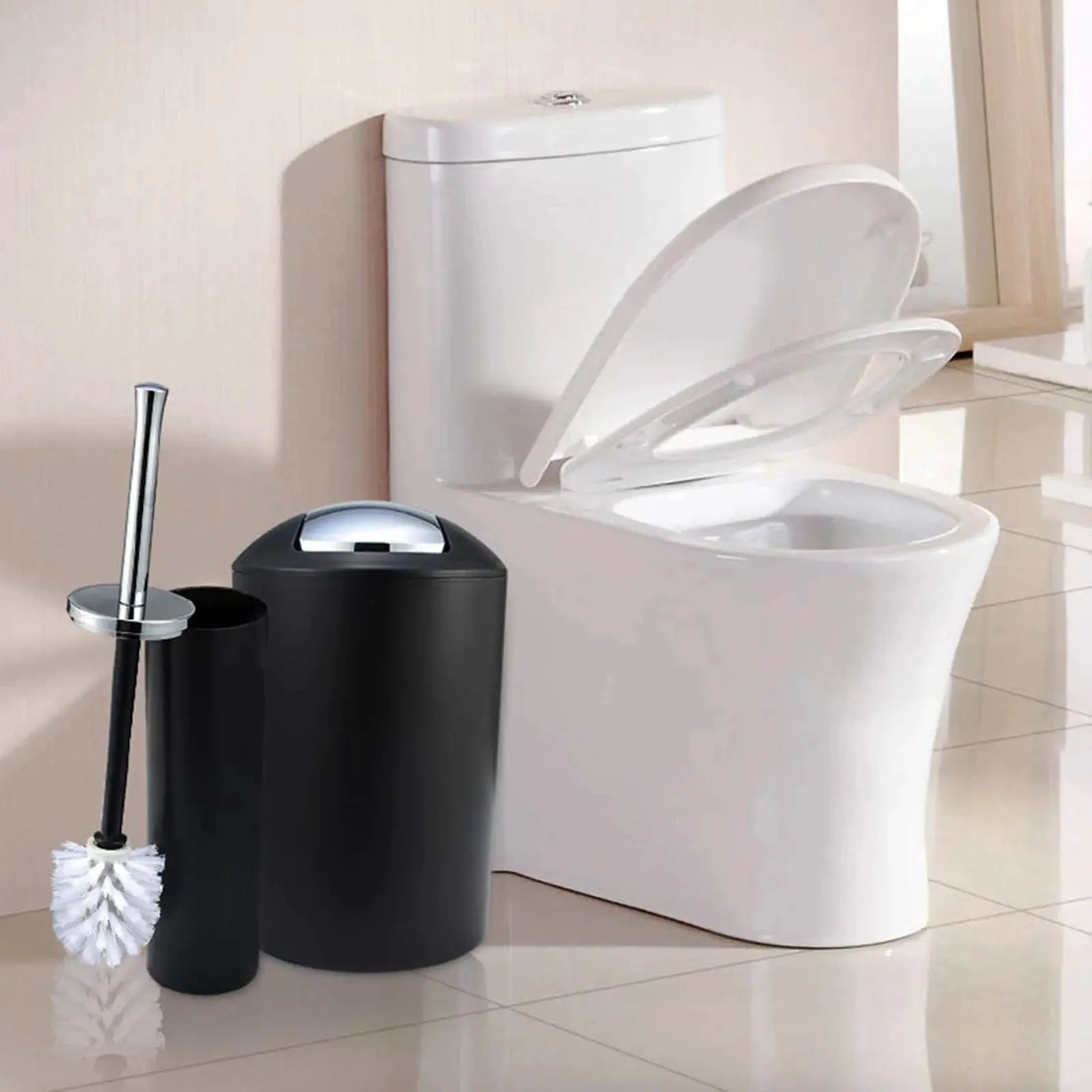 6-piece bathroom accessories set by Simples Market; black trash can and toilet brush beside a white toilet.