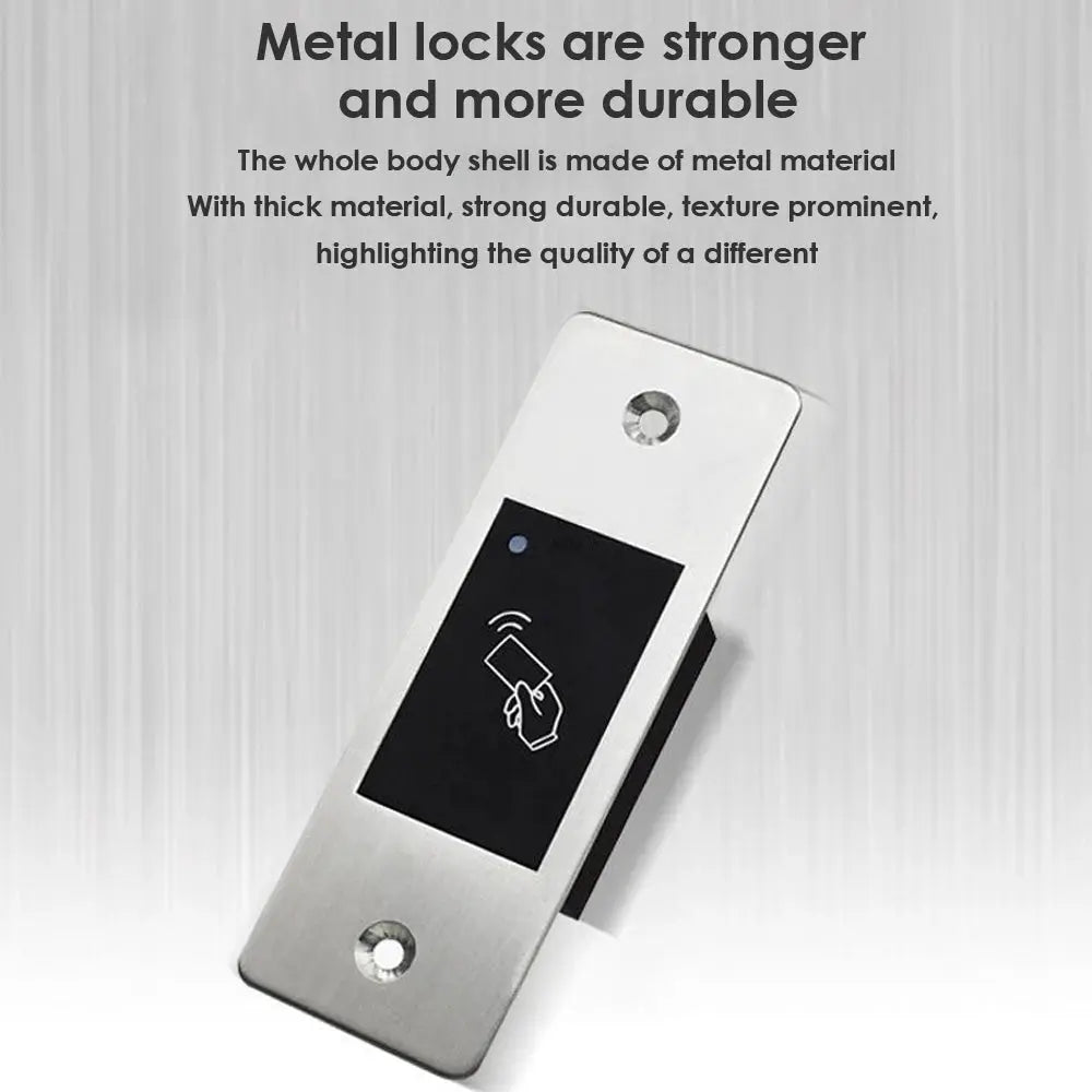 Metal RFID door access reader with brushed silver finish, compact wall-mount plate.
