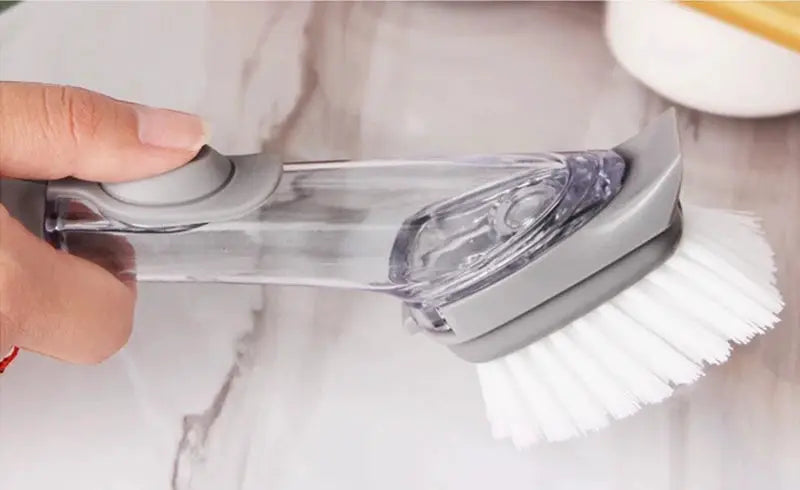 Refillable liquid cleaning brush for kitchen bowls with long handle, transparent reservoir, and white bristle head