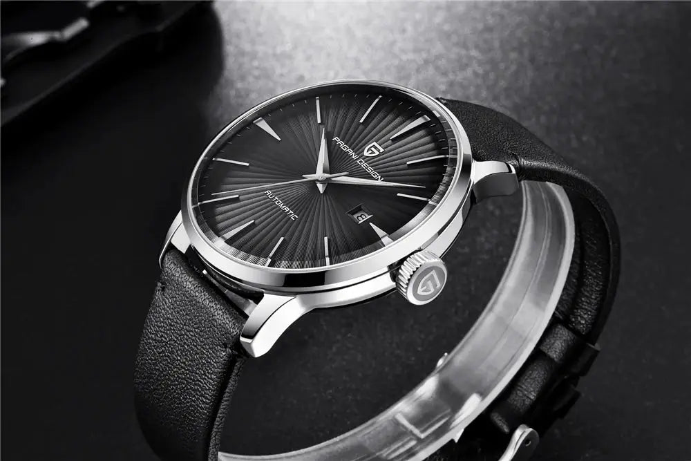 Pagani Design men's automatic watch with black sunburst dial, silver case, leather strap