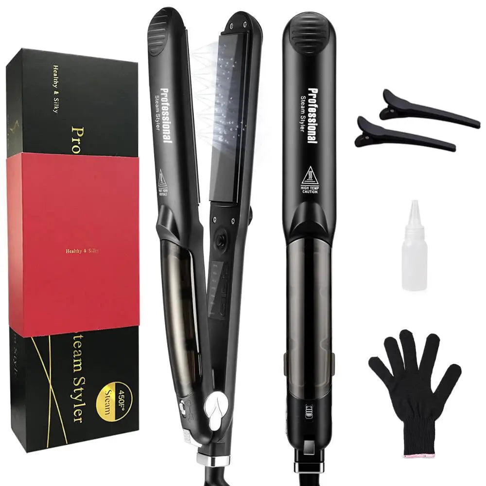 Simples Market professional steam hair straighteners ceramic vapor flat iron pair with box, gloves, and oil bottle