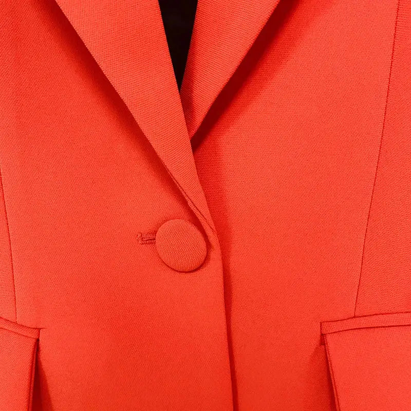 Red single-button blazer close-up; Simples Market women's suit jacket