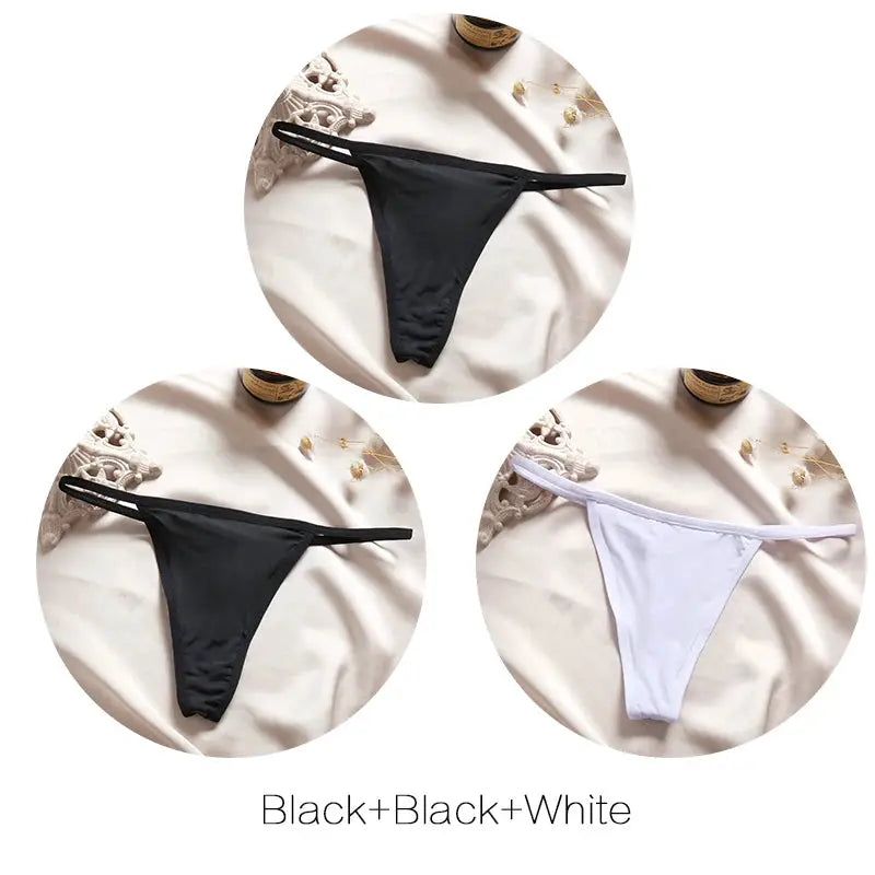 3-pack women's low-rise T-back thong underwear in black, black, and white