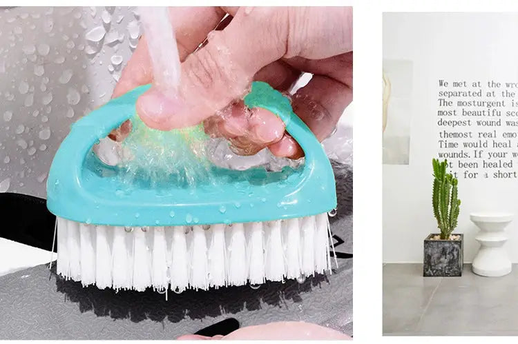Colorful egg-shaped cleaning brush with turquoise handle and white bristles; collage also shows a decor plant