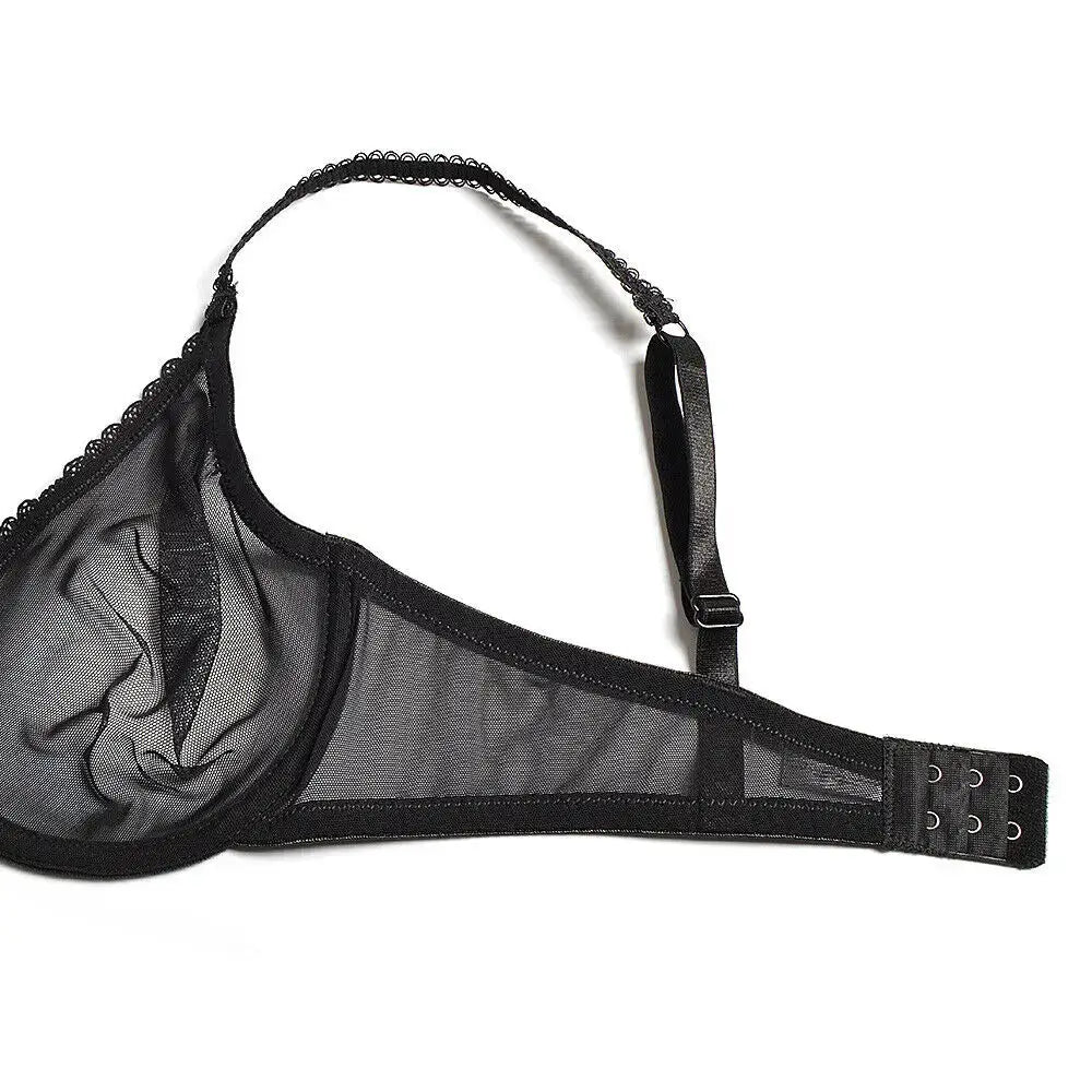 Bra black lace mesh see-through cups with adjustable straps and back hook closure