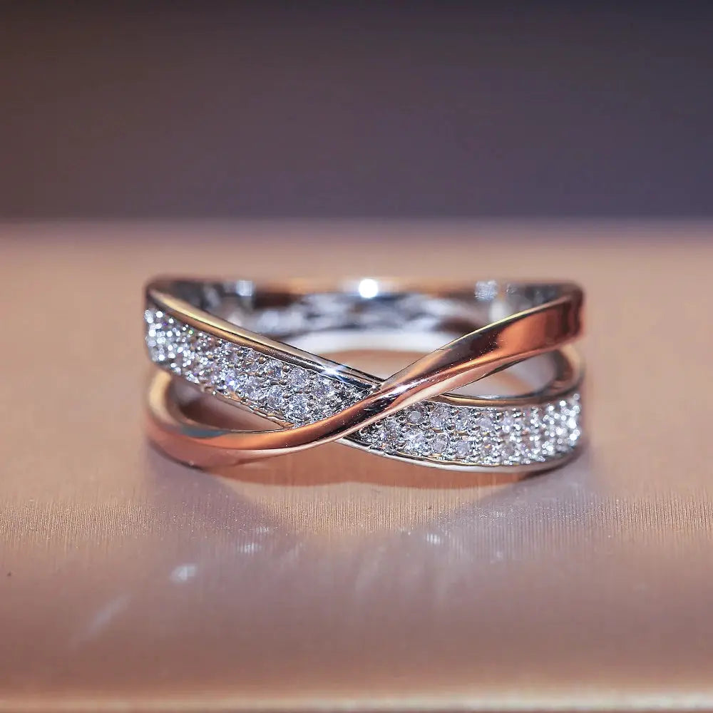 Huitan Two Tone X Shape Cross Ring For Women Wedding Jewelry Dazzling CZ Stone Large Modern Ring Fashion Accessory