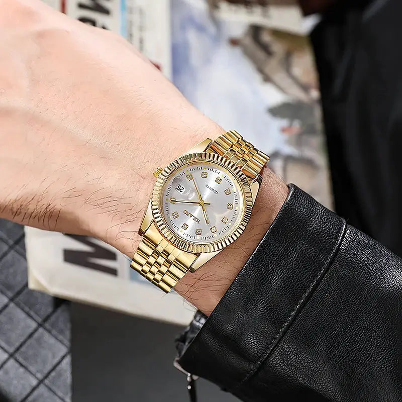 Luxury Mens Full Steel Quartz Wristwatch With Date Golden Finish Timeless Brand Timepiece