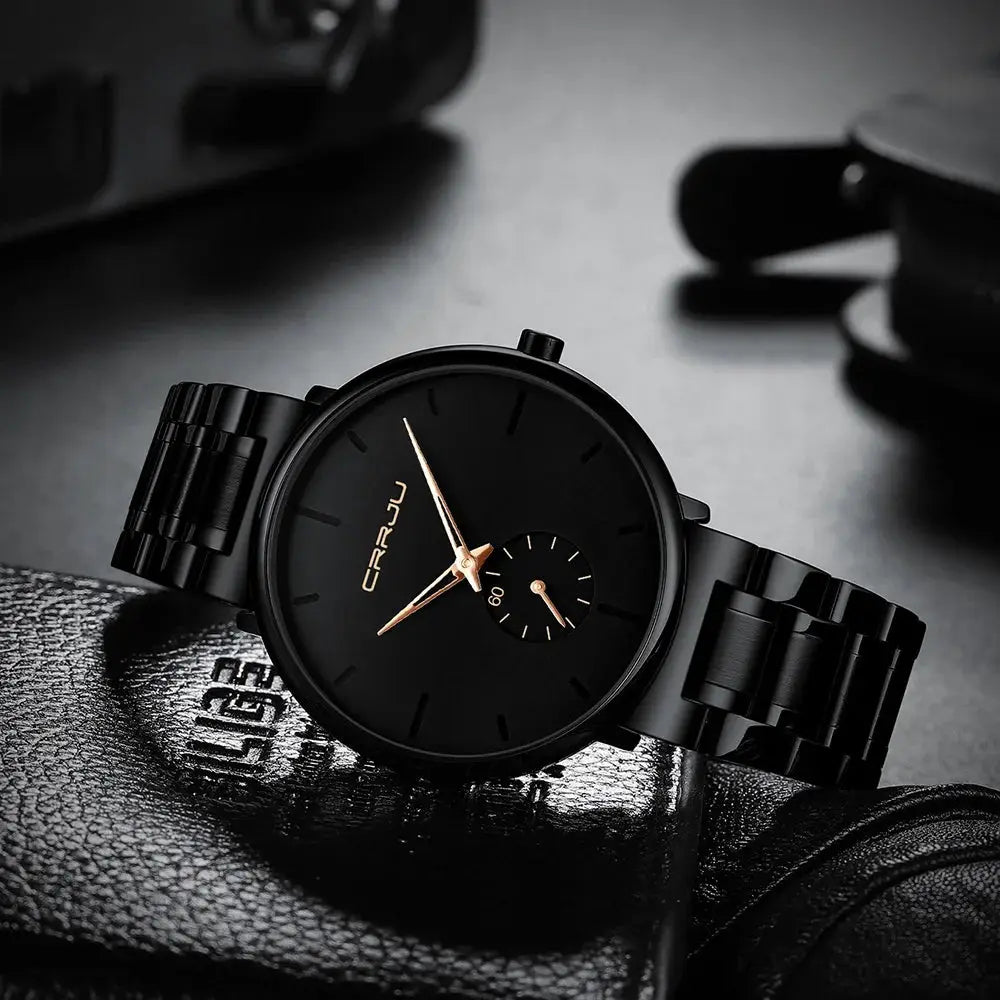 CRRJU men's black stainless steel watch with rose-gold hands and small seconds subdial