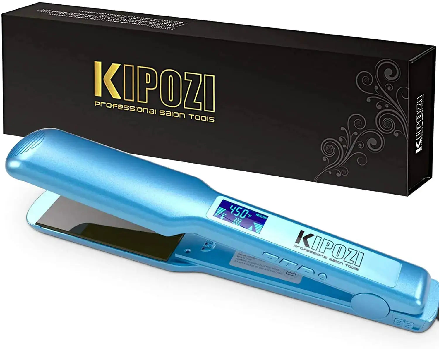 KIPOZI professional titanium flat iron in blue with digital LCD display