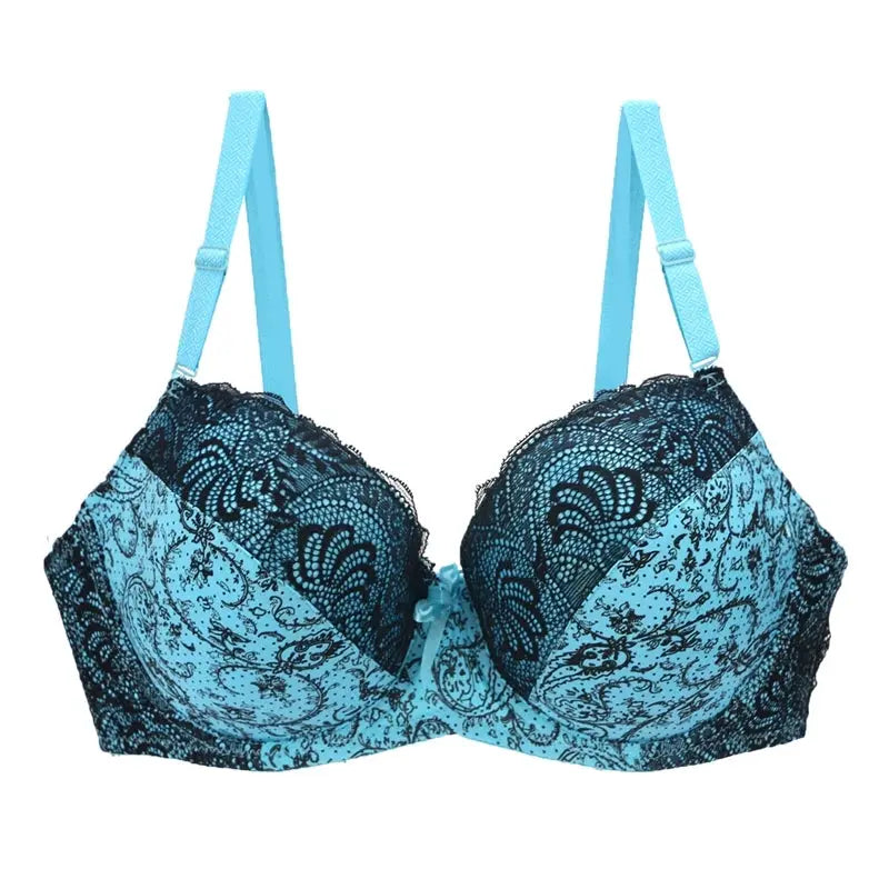Simples Market lace push-up bra, blue teal with black lace, adjustable straps