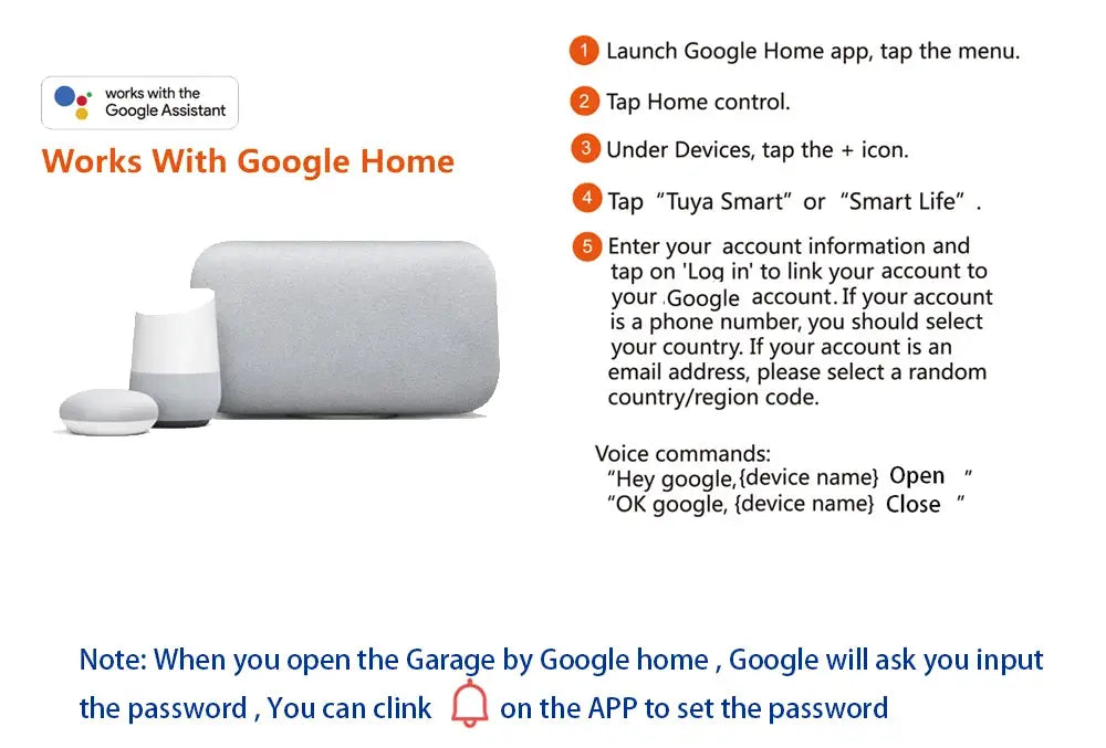 Smart garage door opener setup guide showing Google Home compatibility with white Google Home speaker and accessories.