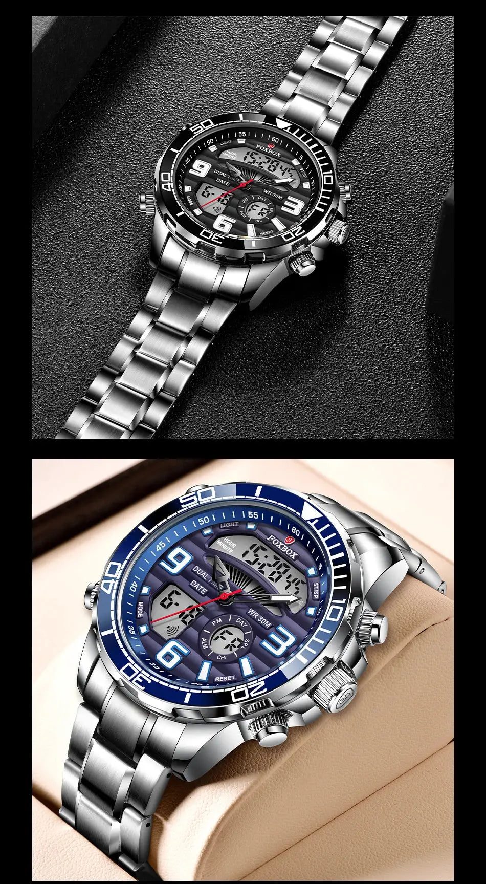 Foxbox digital men's watches pair; stainless steel bracelet, black and blue dials, waterproof, with box