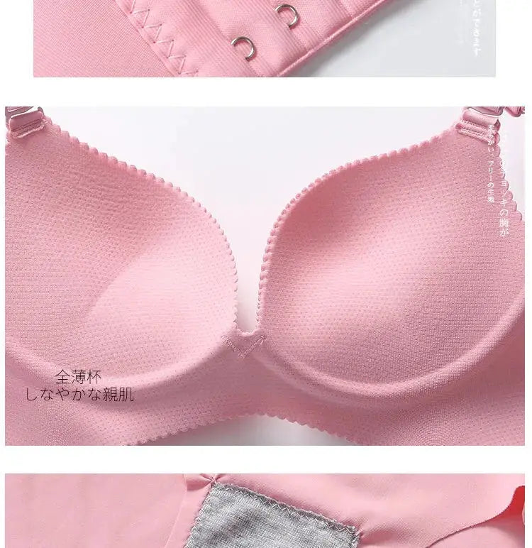 Pink seamless push-up bra for women; plunge wireless bralette with breathable smooth cups and back hook closure