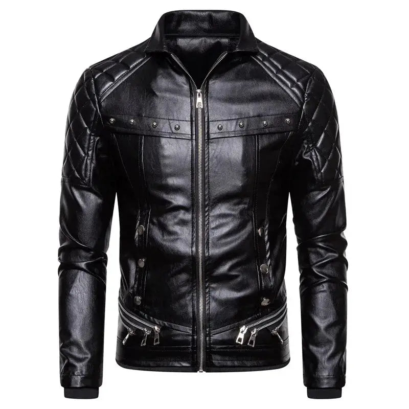 Men's black PU leather biker jacket with quilted shoulder panels and front zip