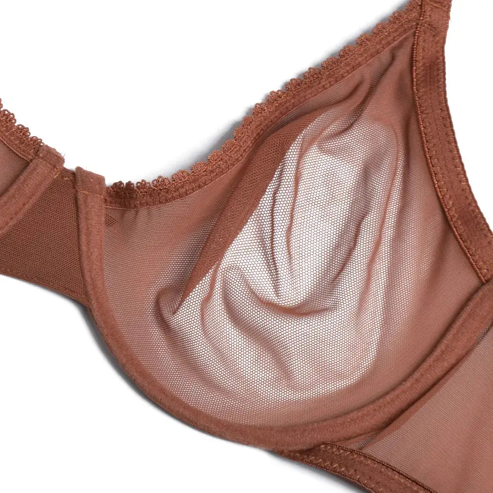 YBCG lace mesh see-through bra in brown with lace trim, unlined big-cup style