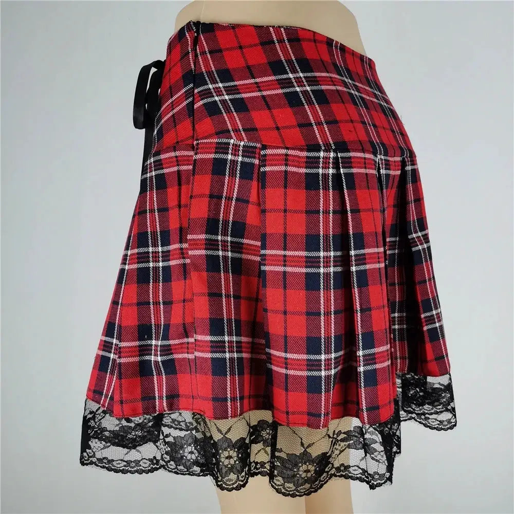 Skirt: red plaid mini with black lace trim, Harajuku punk gothic style, high-waist silhouette.