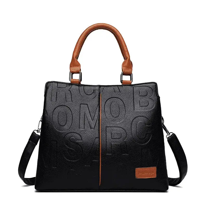 Simples Market PU leather crossbody tote bag for women, black with brown handles and trim, large capacity.