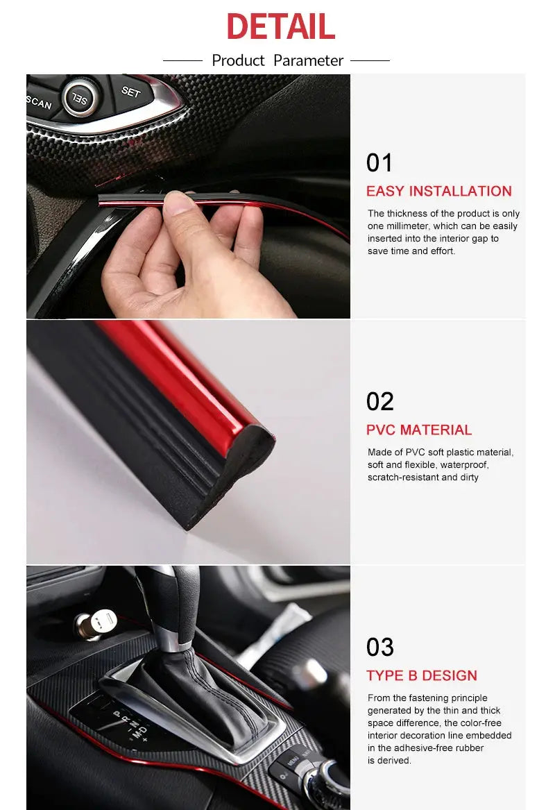 Car interior moulding strips by Simples Market, red PVC, Type B design, 1/3/5m