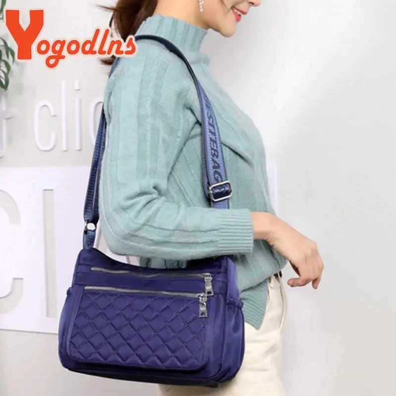 Yogodlns Women Nylon Shoulder Bag Waterproof With Multi Pocket Zipper Design For Travel And Everyday Use