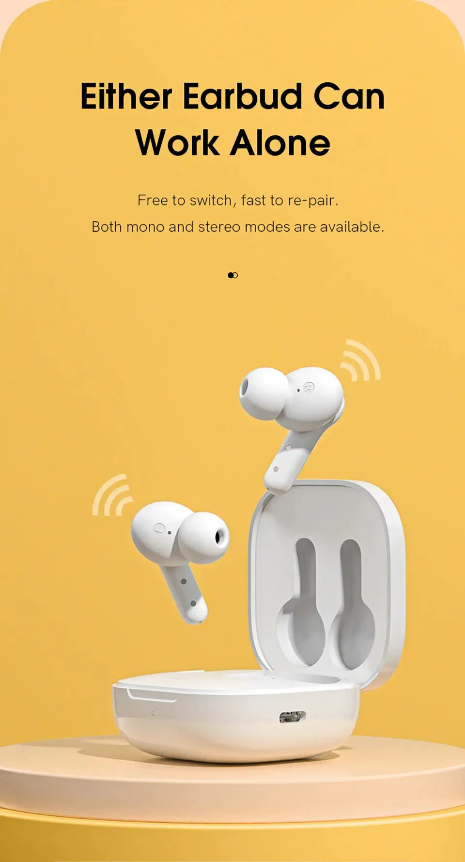 QCY T13 wireless earbuds in white with charging case on yellow background