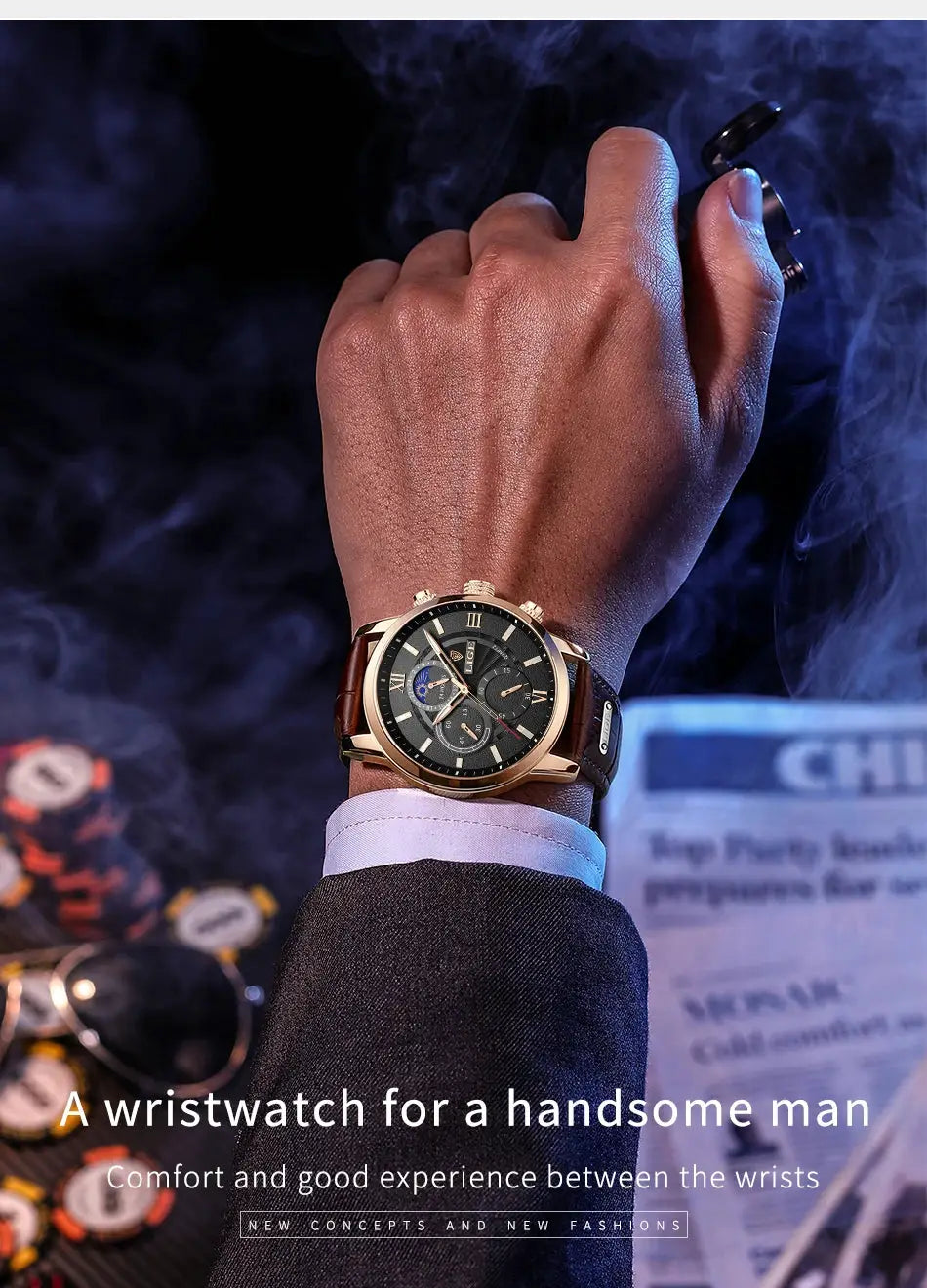 Men's luxury wristwatch with brown leather strap, gold-tone case and black dial.