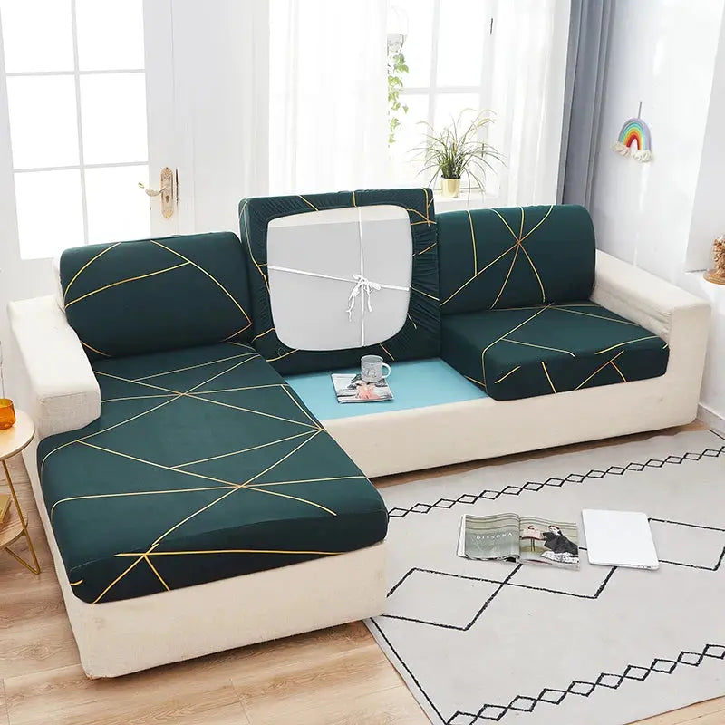 Geometric print sofa cover for corner sectional; dark green with gold lines, elastic stretch slipcover.