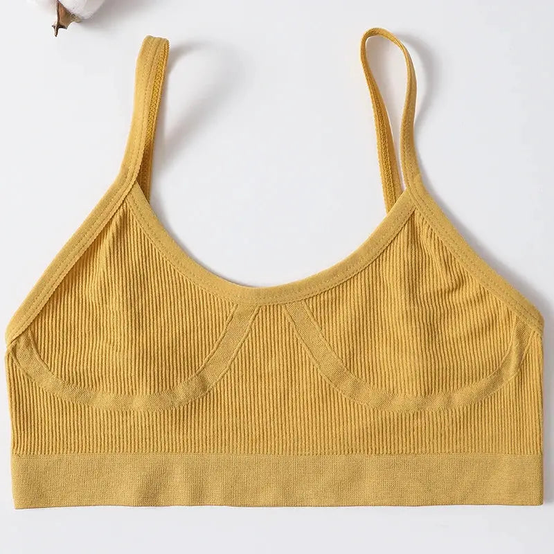Seamless ribbed yellow bralette, wireless no-pads with U-back for daily wear (M-XL)