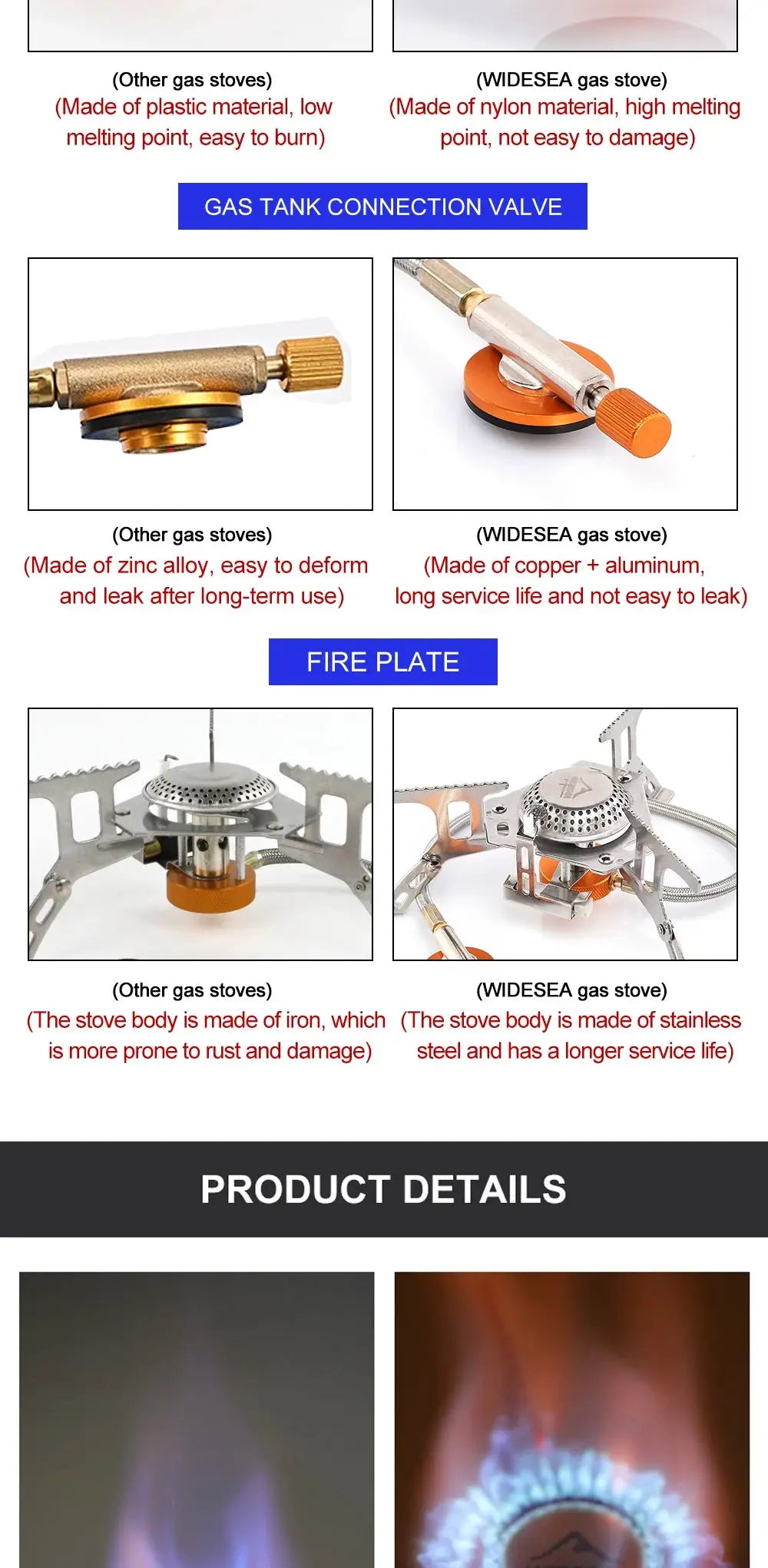 Widesea camping gas stove with copper and aluminum body and orange valve, two stove variants shown