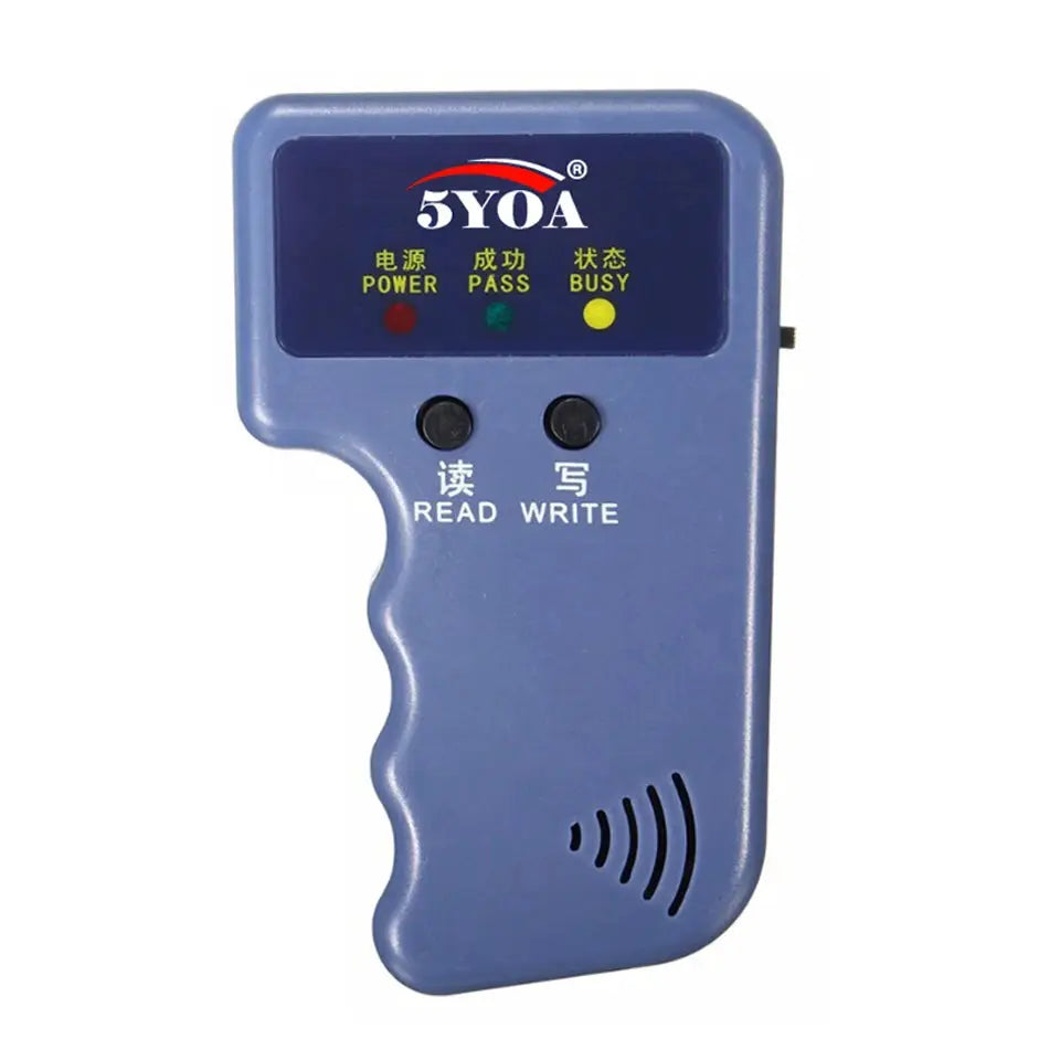 125KHz RFID duplicator handheld device; blue with 5YOA logo, reader/writer for ID cards