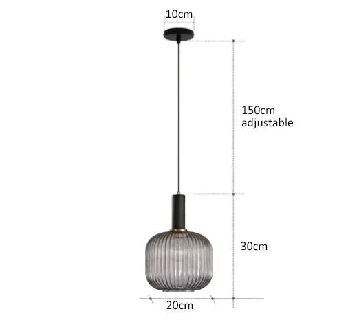 Retro glass pendant lamp by Simples Market, ribbed smoky gray shade and black top, E27 loft light with adjustable cord