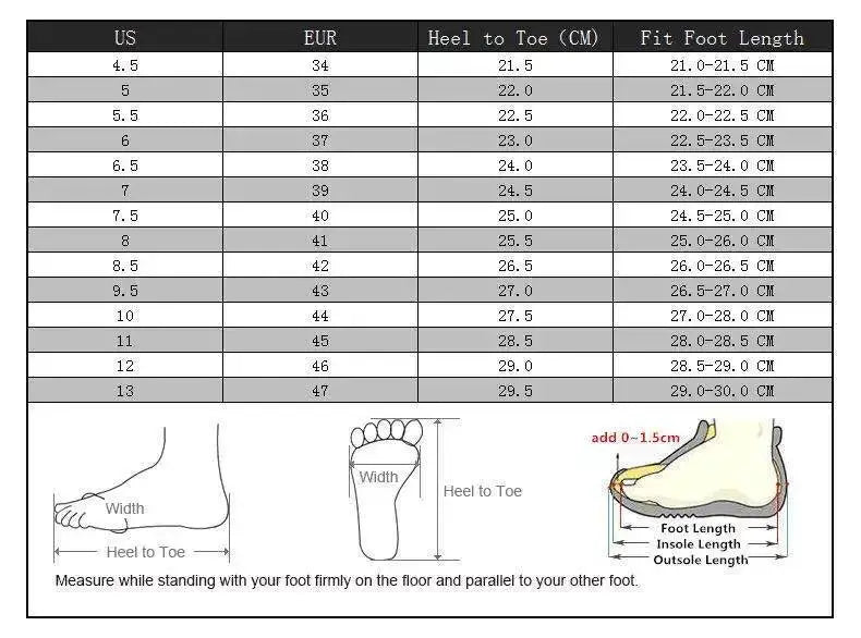 Simples Market men's breathable running sneakers with size chart and foot-width diagram