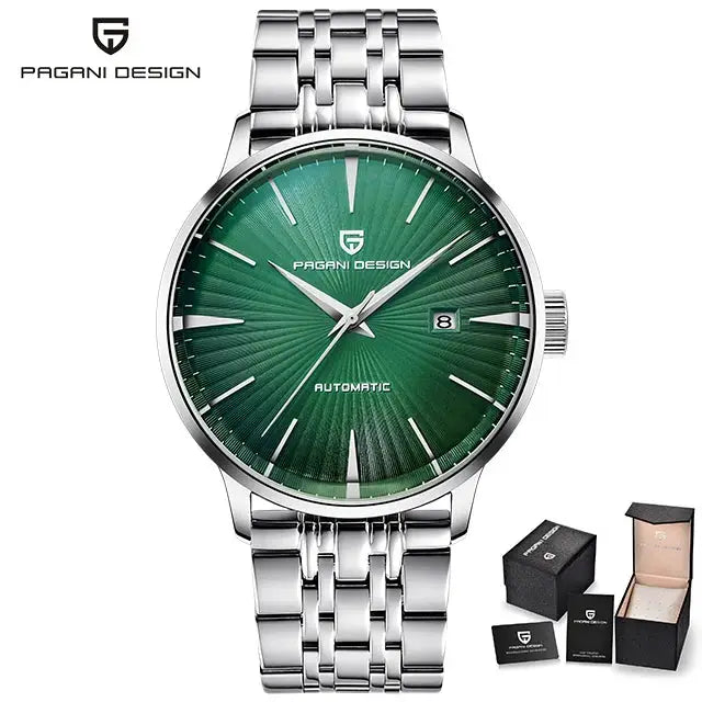 Pagani Design men's automatic watch with green dial, stainless steel bracelet, date window, packaged in a gift box.