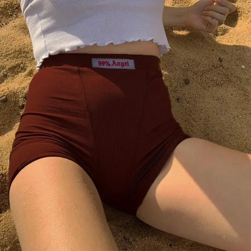 Biker shorts, ribbed knit burgundy, high-waist with 99% Angel logo on waistband
