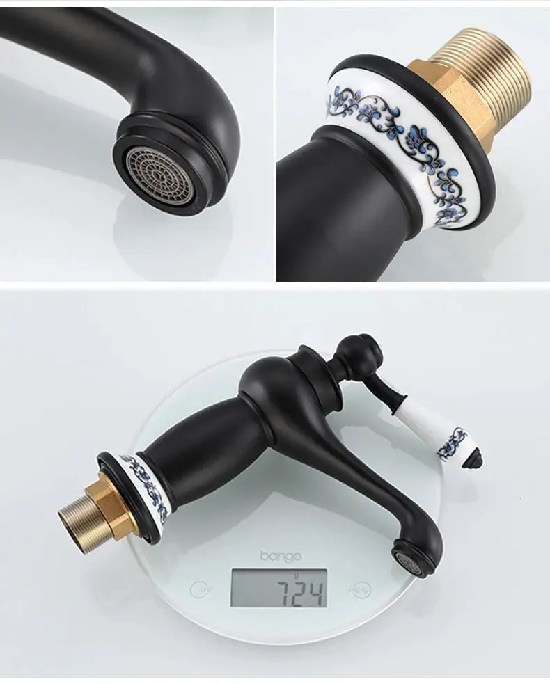 Bathroom faucet antique-bronze finish, solid brass with ceramic blue floral collar from Simples Market, mixer