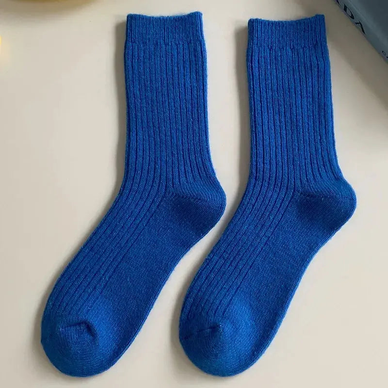 CHAOZHU Thick Warm Merino Wool Rib Socks For Women Solid Colors Loose Fit Japanese Korea Fashion Winter