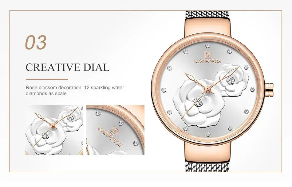 NAVIFORCE women's watch with rose-gold steel mesh band, flower dial and crystal hour markers