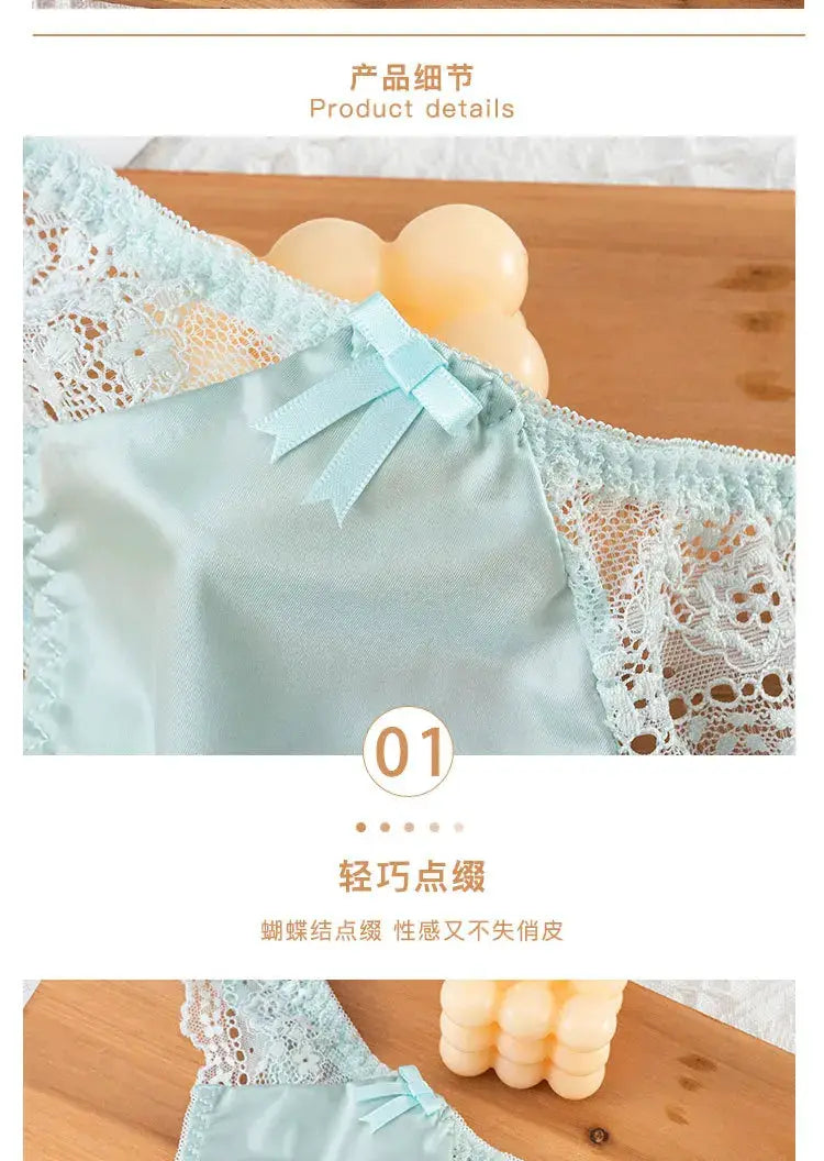 Simples Market blue lace thong panties with satin front panel and bow, low-waist, seamless.