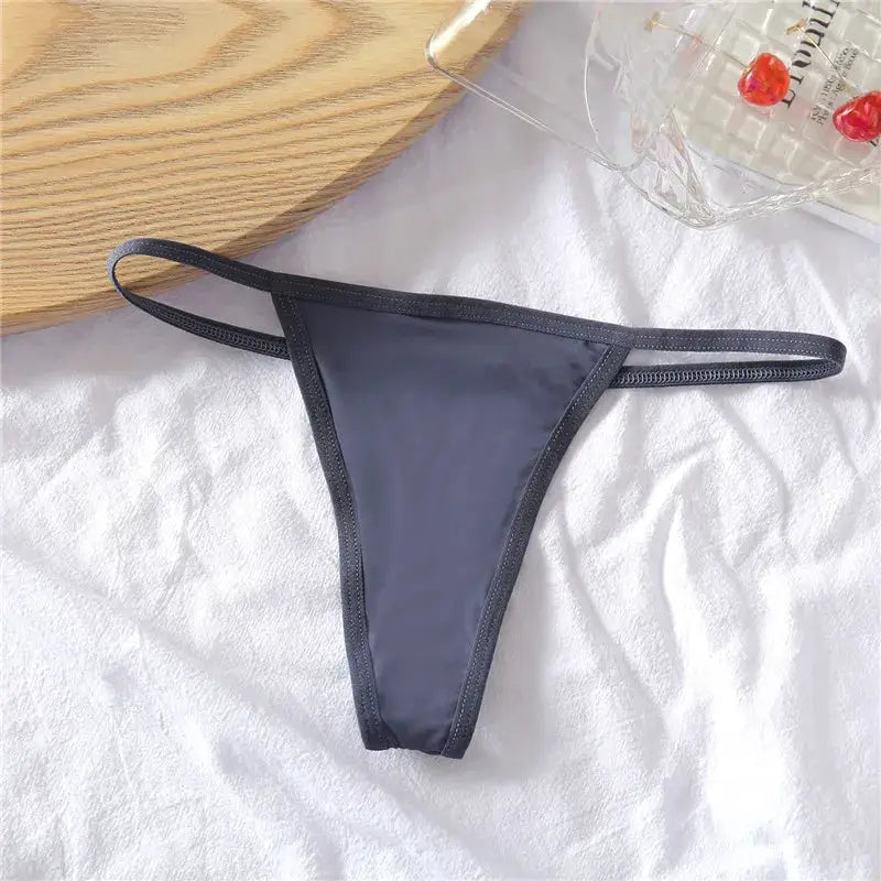 Thong underwear in dark gray with thin side straps and T-back design.