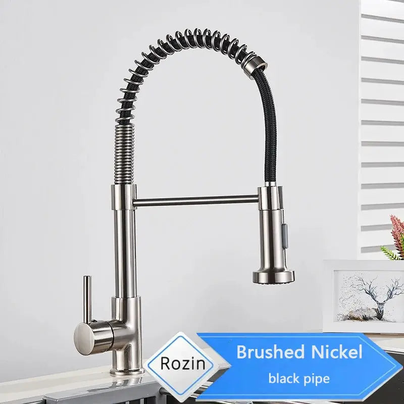 Rozin brushed nickel deck-mounted kitchen faucet with flexible hose, 360-degree swivel spout