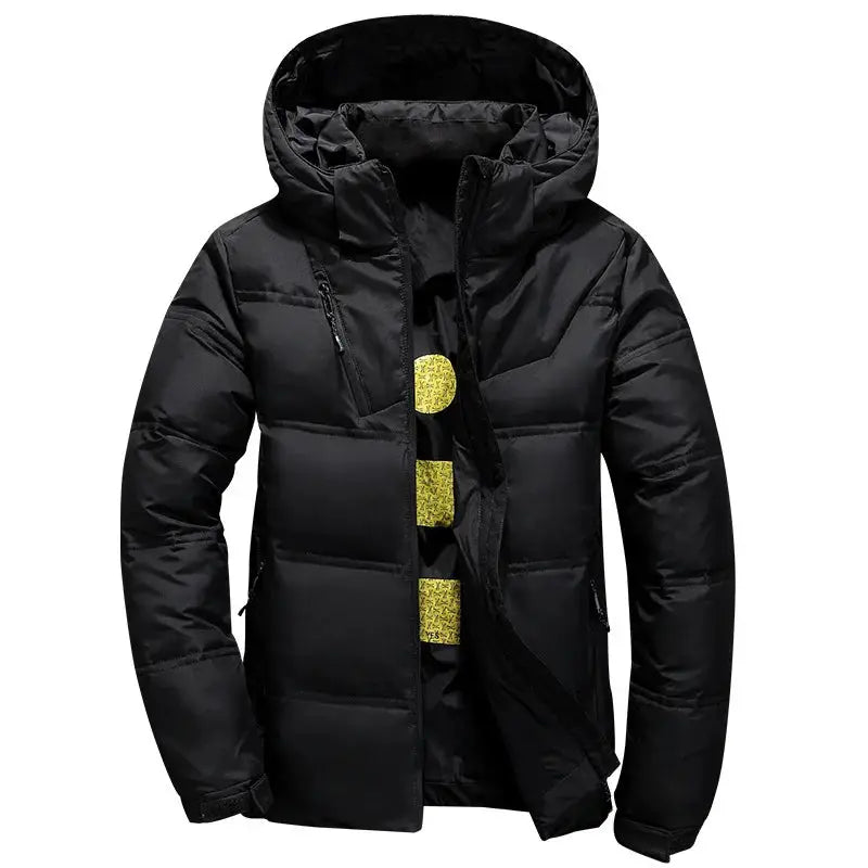 Men's black hooded down jacket, quilted puffer coat with zip pockets.