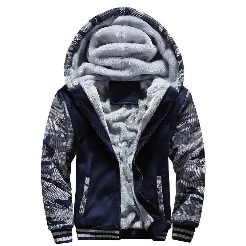 Men's camouflage fleece-lined winter jacket with hood, navy body and camo sleeves