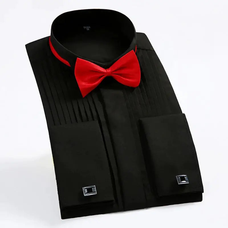 Classic winged-collar black dress shirt with red bow tie and cufflinks, Simples Market formal tuxedo top
