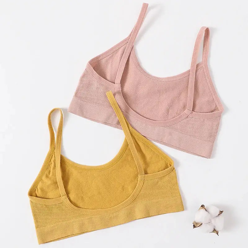 Seamless ribbed bralette set, two wireless U-back bras in pink and mustard, no-pads.