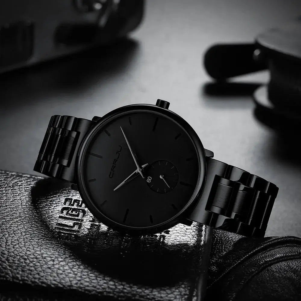 CRRJU men's black stainless steel watch with a minimalist dial.