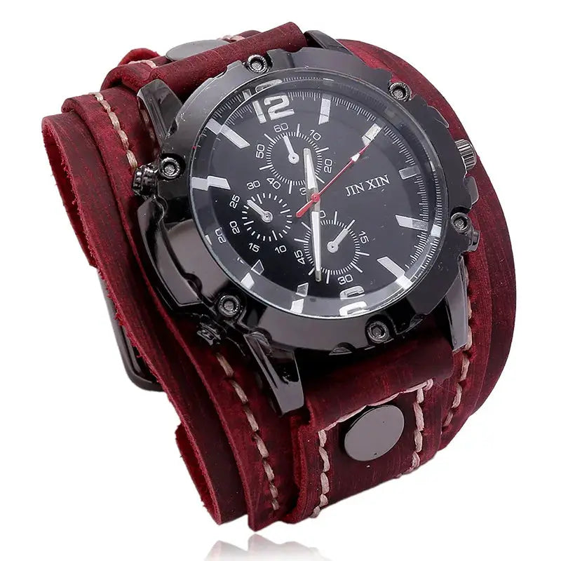 Rogue Punk Style Mens Quartz Watch With Wide Genuine Cowhide Leather Strap And Luminous Dial