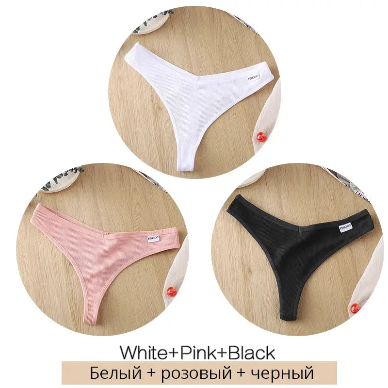 Three-piece women cotton thong set by Simples Market in white, pink and black.
