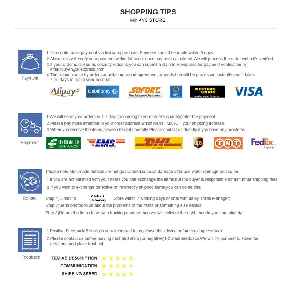 Minkys Store shopping tips infographic displaying payment methods and shipping logos.